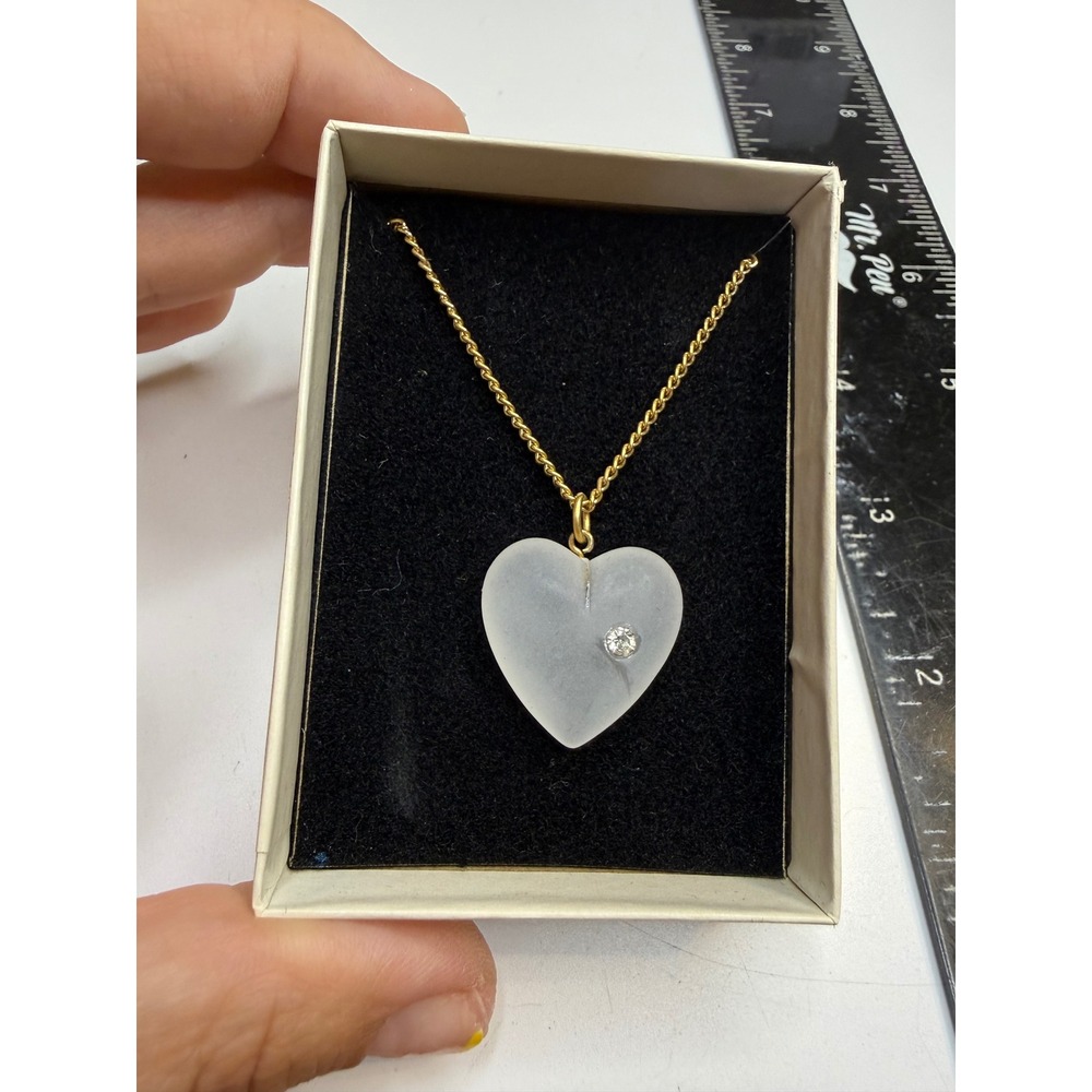 Frosted Glass Heart Pendant Necklace Gold Tone Rhinestone Accent 18 Inch Chain